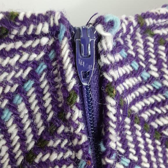 Vintage 60s Wool Mini Skirt Herringbone Tweed Mod A Line Purple Preppy Academia - Picture 6 of 10